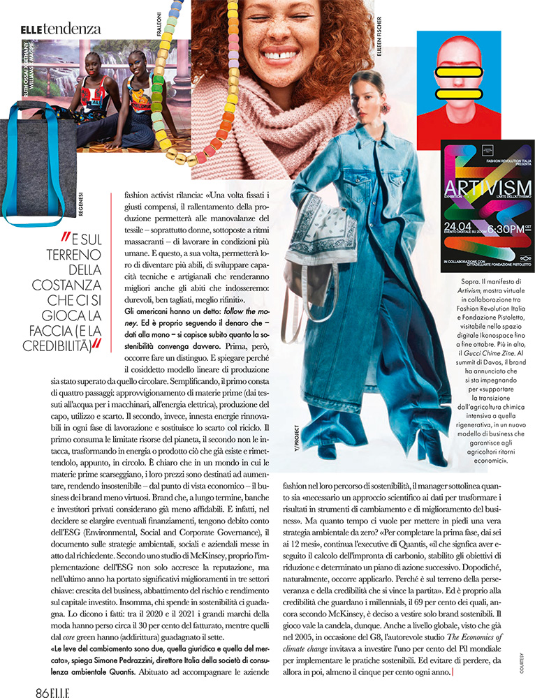 articolo su elle. sostenibilità e moda etica secondo marina spadafora